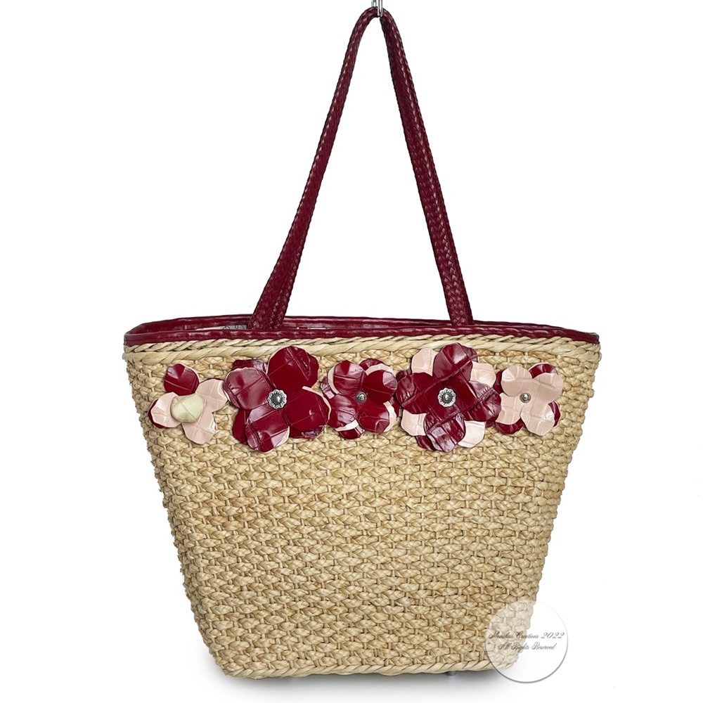Brighton Tote Bag Red Pink Leather Flowers Braided Handles Woven Straw Beach Bag